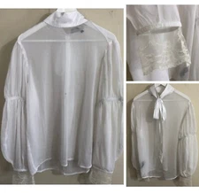 Womens Sheer Chiffon Fairy Whimsy Tunic Blouse Sz M Back Neck Ties Blouson Slv