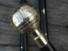 Vintage Fancy Hand Carved Walking Stick Wooden Cane Victorian Brass Handle