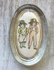 Vintage Glass Paperweight Oval Amish boy and girl Pennsylvania Dutch Souvenir