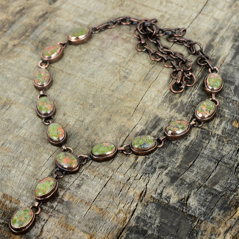 Oval Unakite Gemstone Chain Bezel Electroformed Wife Anniversary Necklace Copper - Image 3 of 4