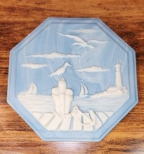 Robert Nemith Blue Incolay Picture/Plaque 1984 Lighthouse Sailboat Seascape