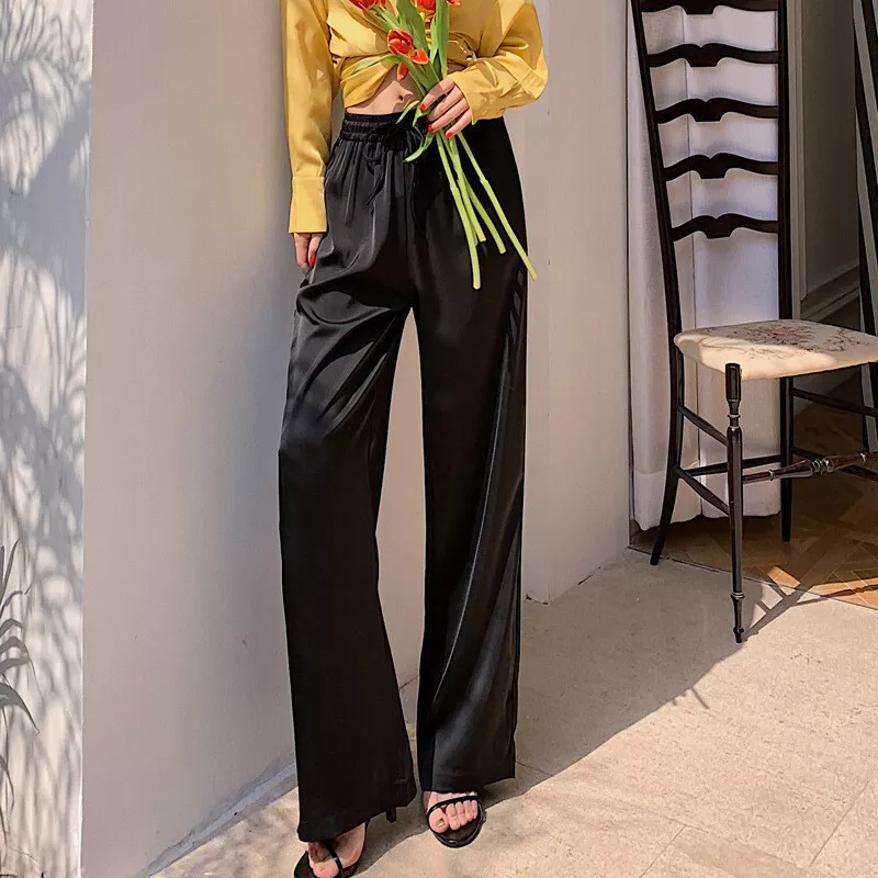 Lady Satin Pants Wide Leg Trouser Loose Silky Bottoms Culotte Palazzo  Drawstring