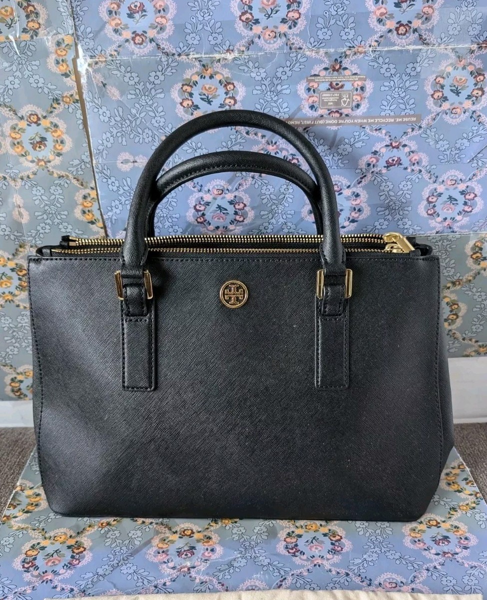 Tory Burch Black Saffiano Leather Robinson Mini Double-Zip Tote