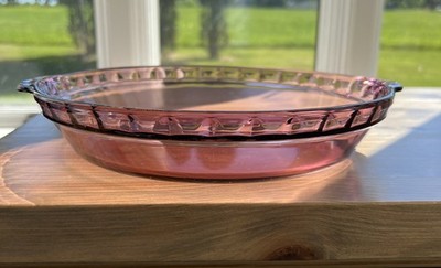 Pyrex 229 Cranberry Glass Pie Dish Plate 9.5  Scalloped Edge Handles Vtg USA
