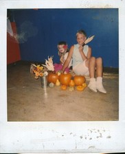 Old Vintage Photo COLOR POLAROID PAIR DUO GIRLS PUMPKIN DECORATIONS SNAPSHOT