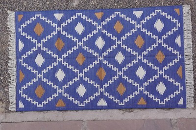 Rugmoda Cotton Blue Gold Diamond Geometric 3x5 ft Living Room Area Rug