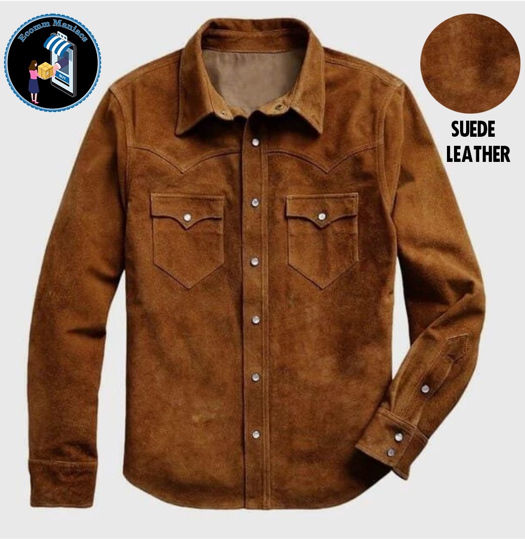 Men's Brown Suede Soft Real Leather Retro, Cowboy Style, Work, Casual Wear Shirt