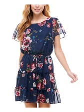 CRYSTAL DOLLS Womens Fit + Flare Dress Navy Tie Flutter Sleeve Juniors XS