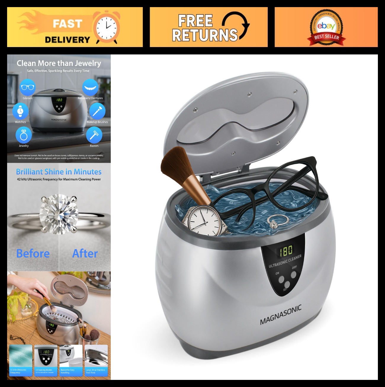 Ultrasonic Jewelry Cleaner - 20oz Stainless Steel Tank, Digital Timer, 5 Modes,
