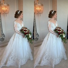 V Neck Wedding Dresses Off Shoulder Long Sleeve Lace Applique A Line Bridal Gown