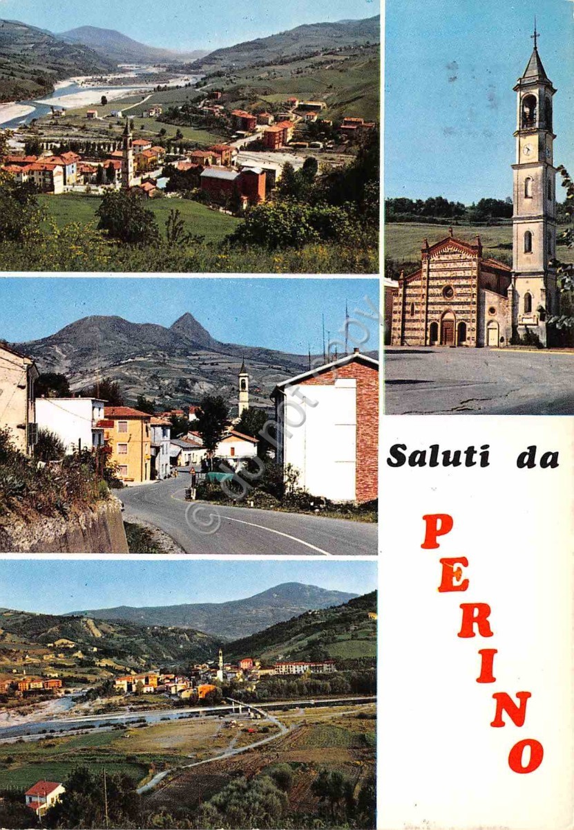 Cartolina Perino vedute varie paese strada case chiesa Timbro PT 1971