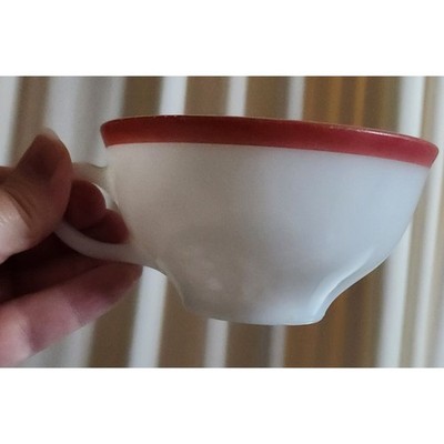 Pyrex milk glass teacup with coral/pink rim band