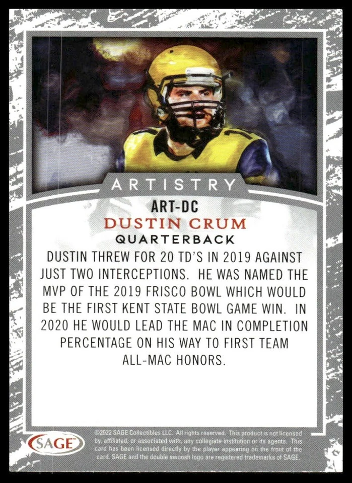 2022 SAGE #ART-DC Dustin Crum Artistry Silver [GOATCARDS] - Image 2 of 2