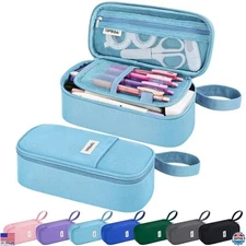 Light Blue Canvas Pencil Case Pouch - Multi-Compartment Zippered Bag for Kids