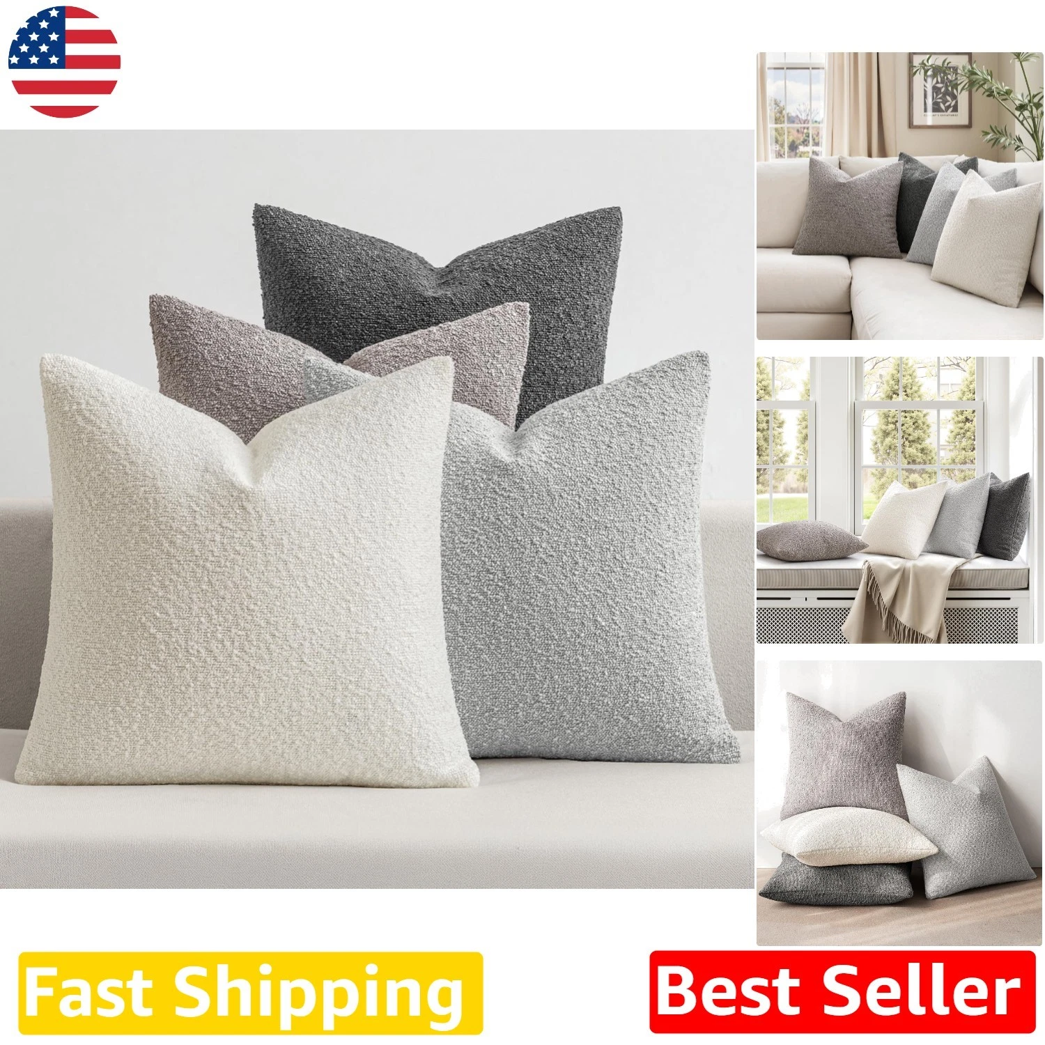 Luxury 4pk 20" Boucle Pillow Covers Soft Neutral Grey Modern Home Decor