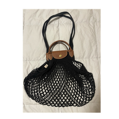 Longchamp Black Mesh Shoulder Bag Top Handle Snap Closure Detachable Strap Gold