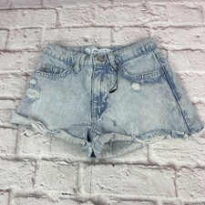 Zara Denim Shorts Girls 10 Light Blue Wash Distressed Frayed Raw Hem Roll Cuff