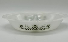 Vintage Glasbake Milk Glass, Green Spring Daisy Oval Divided Casserole J2352