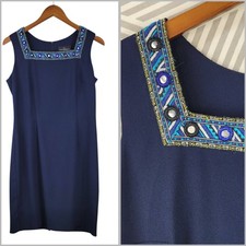 John Roberts Dress Jewel Embroidered Collar sz 8 Evening Party Navy Blue Sheath