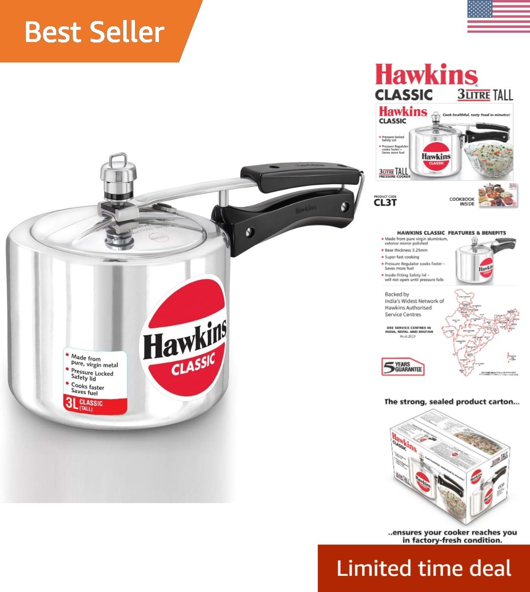 Aluminium 3 Litre Classic Pressure Cooker, Tall Design Inner