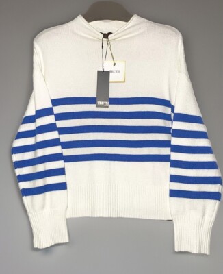 TRUTH Republic Women Knit Sweater XL/TG Pullover Ivory Blue Rugby Soft Light NEW