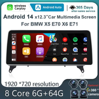 12.3" 64GB Android 14 Autoradio GPS Navi CarPlay Für BMW X5 E70 X6 E71 CCC CIC - Bild 1 von 4