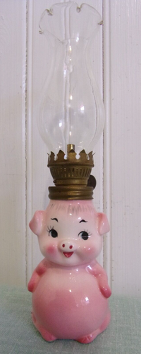 Vintage Pink Pig Ceramic Figurine Mini Oil Lamp 1950s Japan with Chimney
