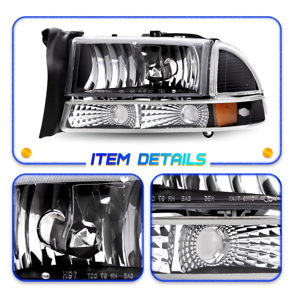 ДЛЯ 1997-2004 DODGE DAKOTA DURANGO ЧЕРНЫЕ ЯНТАРНЫЕ УГЛОВЫЕ ФАРЫ ПАРА ФАР - Изображение 4 из 4