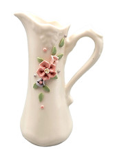 Vintage Pelican Porcelain Pitcher / Vase with Pink Applied Flowers Made in USA