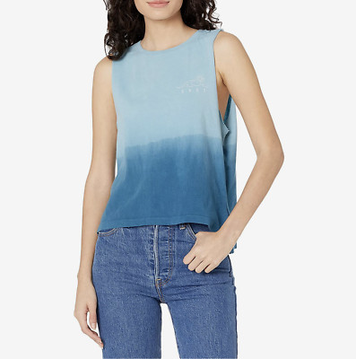 ROXY WOMEN'S BLUE OMBRE SLEEVELESS CROPPED GLASSY WAVES MUSCLE TANK TEE Sz M