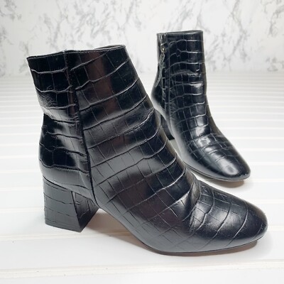 Ted Baker Croc Embossed Leather Neomie Ankle Boot 37.5 Black Block Heel Bootie