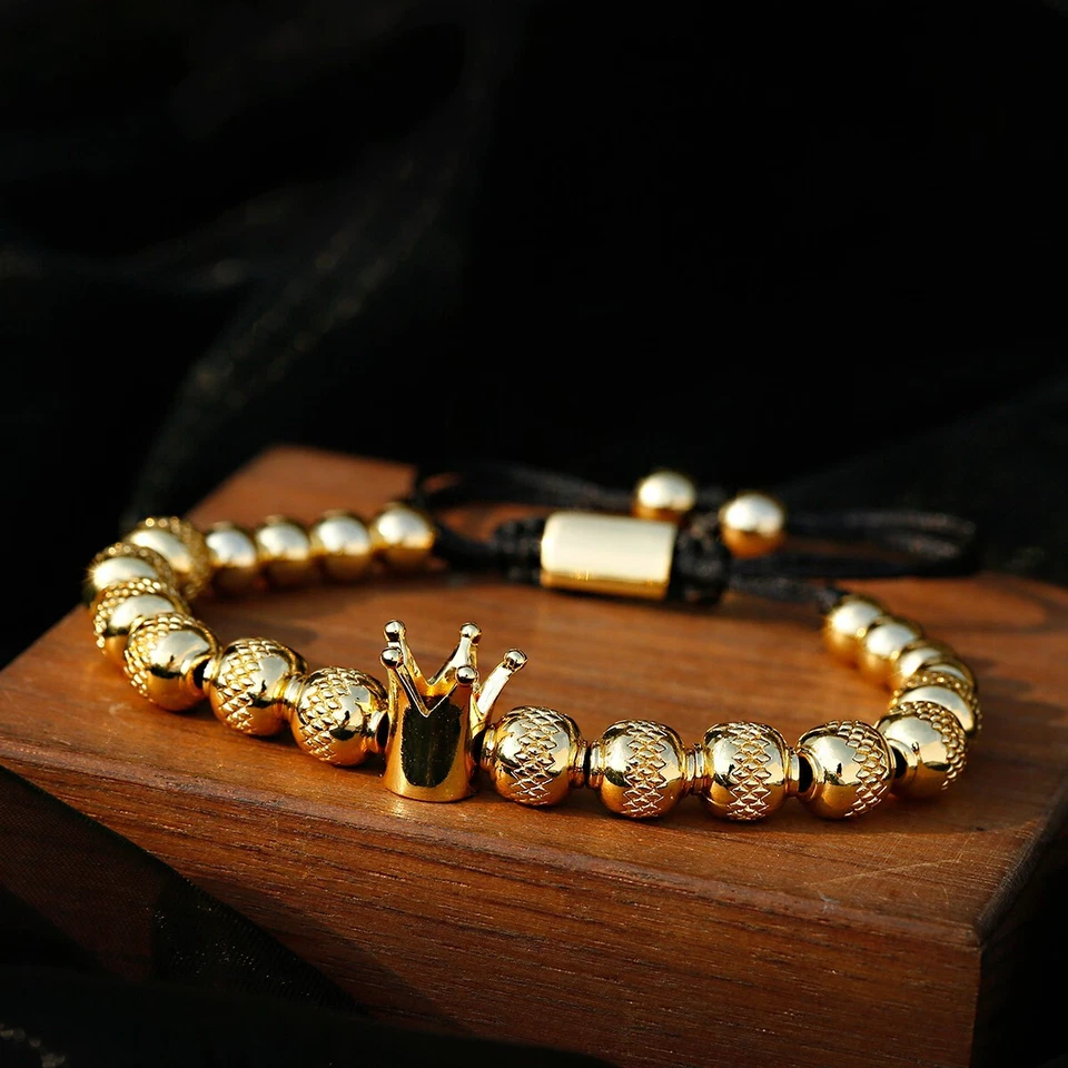 Luxury Men Gold Crown Stainless Steel Bracelets Copper Handmade Bangle Jewelry - Image 4 of 4