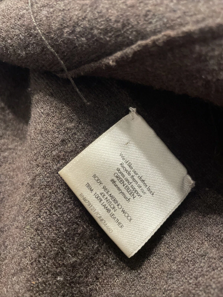 Chaqueta Cárdigan Eileen Fisher Lana Merino Cordero Cuero Borde Pequeña Marrón Foto 4 de 4