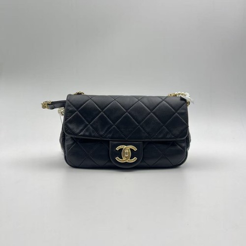 Chanel Vintage Mini Flap Bag Black Quilted Lambskin Gold Hardware Pearl Chain-