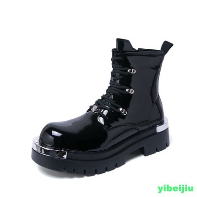 Men's Hip Top Shiny Patent Leather Ankle Boots Big Round Toe