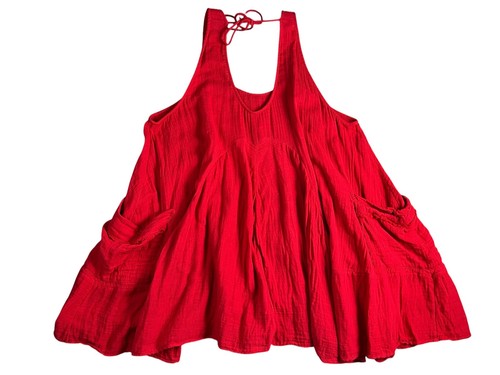 Free People Pina Colada Red Cotton Gauze Mini Dress w Pockets  Beach Boho Size L - Picture 3 of 10