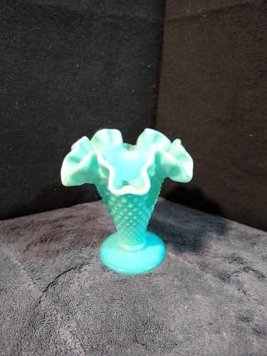 Vintage Fenton Hobnail Blue/Green Milk Glass Ruffled Edge Trumpet Vase
