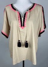 *NWT* IVY JANE S/S Embroidered 'Triangles Top' with Tassels- L, Beige Pink Black