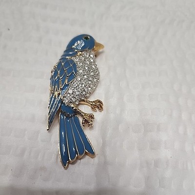 Blue Jay Gold Tone Rhinestone Green Eye Brooch Pin Costume Jewelry 