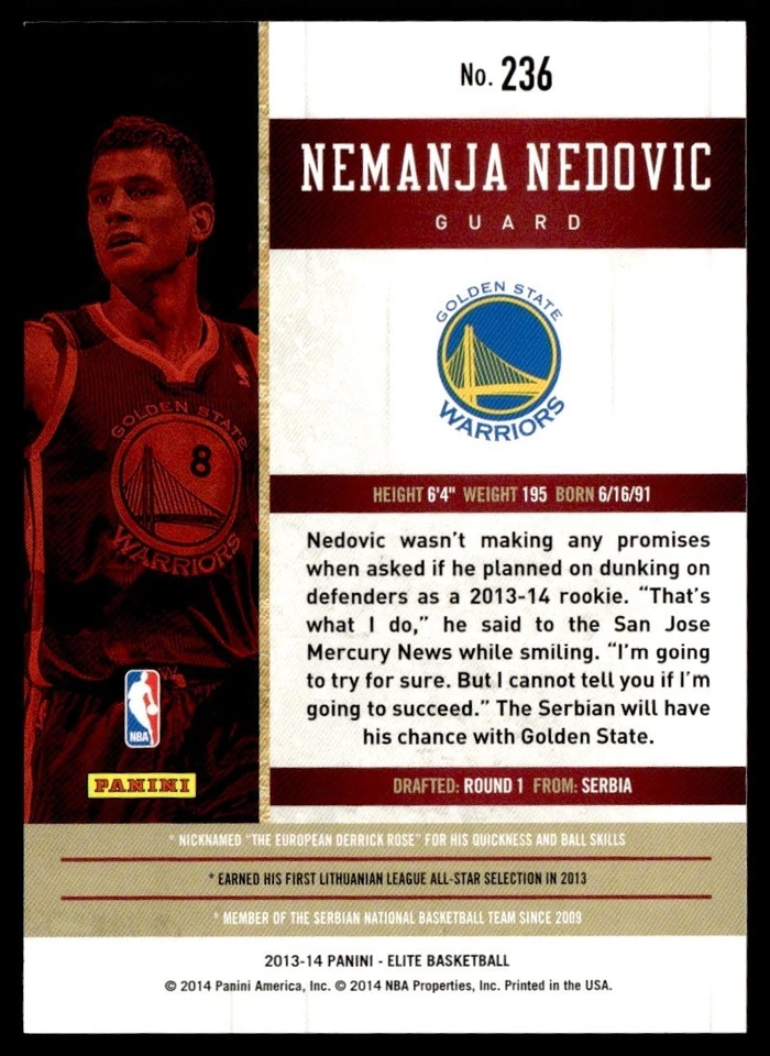 2013-14 Panini Elite Nemanja Nedovic Rookie 452/999 Golden State Warriors #236 - Image 2 of 2