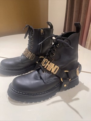 MOSCHINO Logo Combat Lace Up Harness Black Boot Size 40