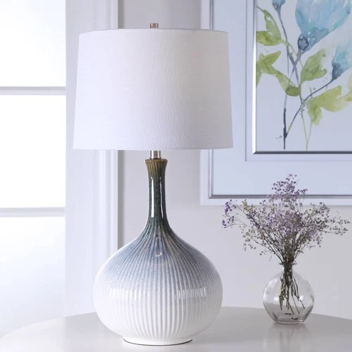 Modern Table Lamp 28" Tall Cream Blue Brown Ceramic Drum Fabric for Living Room - Picture 1 of 5
