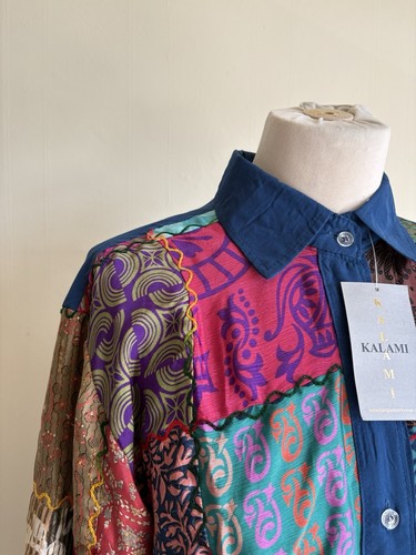 KALAMI 100% Silk Patchwork Shirt. 12 14 Chest 40" Blue Colourful Festival India. - Picture 8 of 20