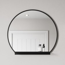 600mm Round Black Bathroom Mirror with Shelf Framed Wall Hung Modern 4mm Glass