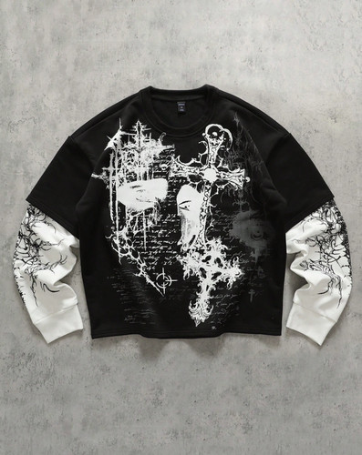 Y2K Gothic Layered Sweatshirt Grunge Cross Graphic Long Sleeve Streetwear