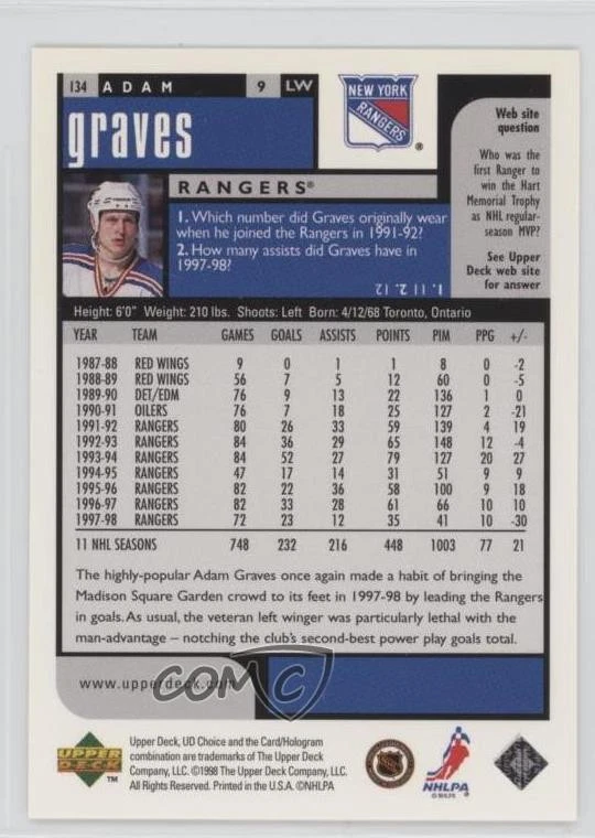 1998-99 Upper Deck UD Choice Choice Reserve Adam Graves #134 - Image 2 of 2