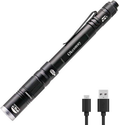 Rechargeable Pen Light Flashlight IP67 Waterproof with Pocket Clip 4-Zoomable, P