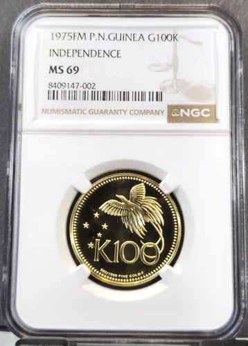 1975 PAPUA NEW GUINEA GOLD 100 KINA BIRD OF PARADISE NGC MS 69 RARE BEAUTIFUL