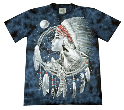 T-Shirt blau Indianerin Wölfe Gr.S M L XL Wolf Native Indianer Häuptling USA 