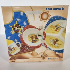 Disney Vintage Mickey Mouse Cowboy Kids 6 Pc Dinner Set Melamine Selandia NIB